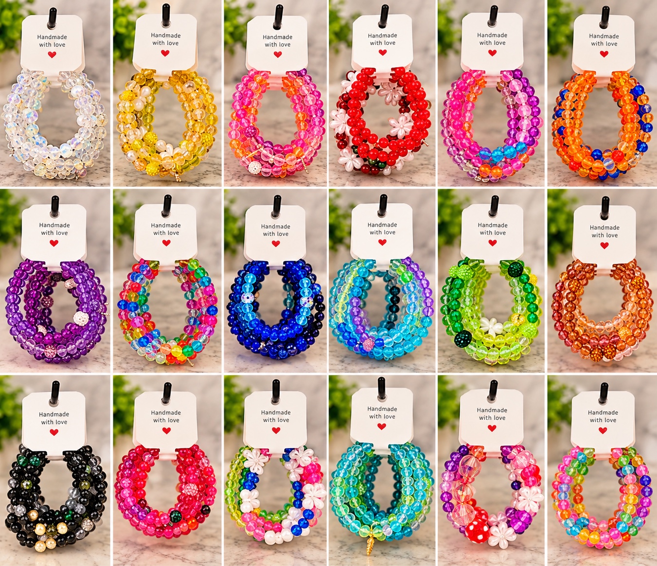 A colorful collection of handmade beaded bracelets arranged on display cards