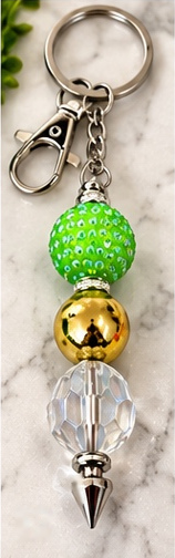 Handmade beaded keychain, design 12: Lime, Gold & Crystal