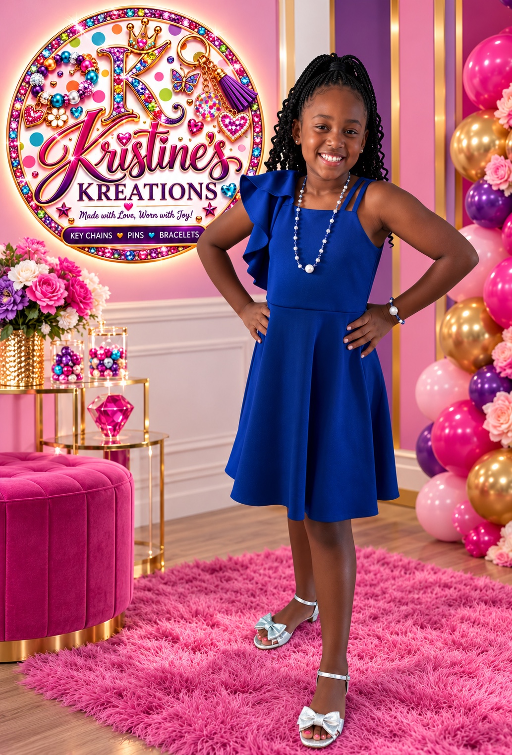 Kristine smiling in her royal-blue dress beside the Kristine’s Kreations Co. logo