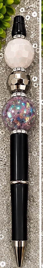 Handmade black, white & silver beaded pen design 04