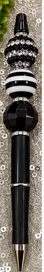 Handmade black, white & silver beaded pen design 05
