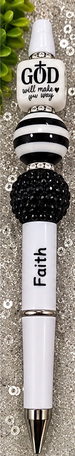 Handmade black, white & silver beaded pen design 06