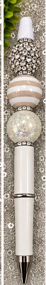 Handmade black, white & silver beaded pen design 08